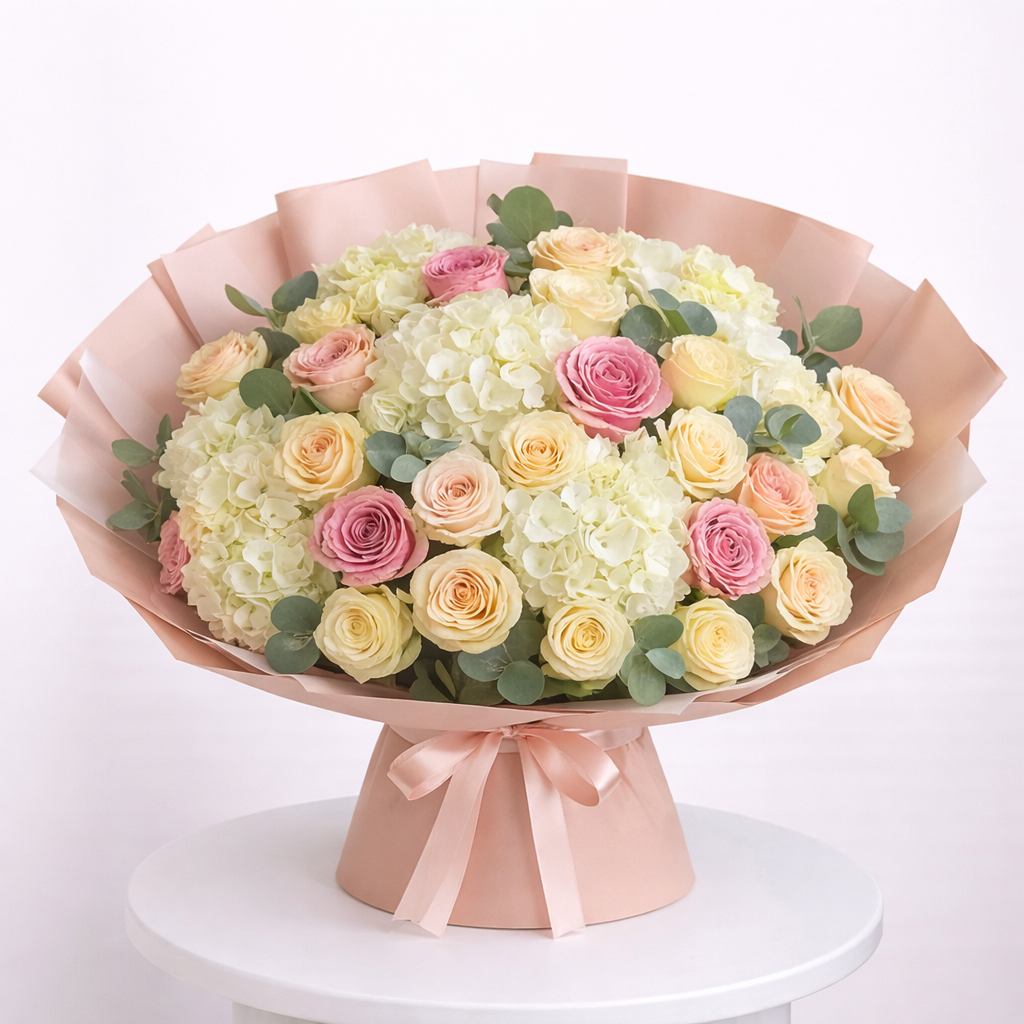 Elegant Pastel Rose & Hydrangea Harmony – Mixed Bouquet