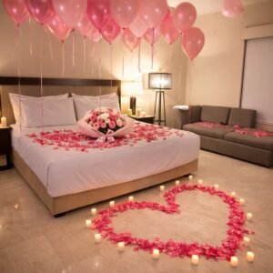 Celebrate birthdays in Dubai with a simple yet elegant room surprise. Soft helium balloons, delicate rose petals, and a beautiful flower bouquet create a romantic and joyful atmosphere perfect for unforgettable moments. Includes: ✔ Helium balloons ✔ Rose petal decoration Birthday Balloon & Rose Setup